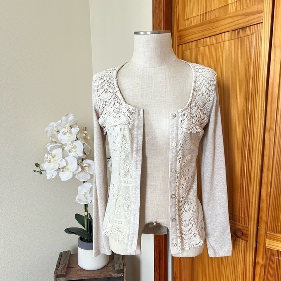 BKE Ivory Cardigan w/ Lace Back Boho Y2K Fashion - Picture 2 of 10